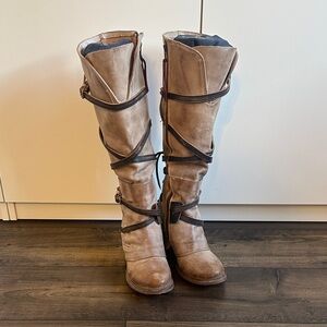 Womens Freebird Tall Strappy Leather Boots - stone coal